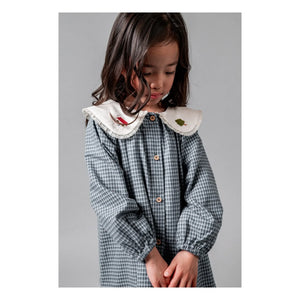 birinit - Checkered Embroidered Claudine Collar Dress Organic Cotton | Indigo Blue