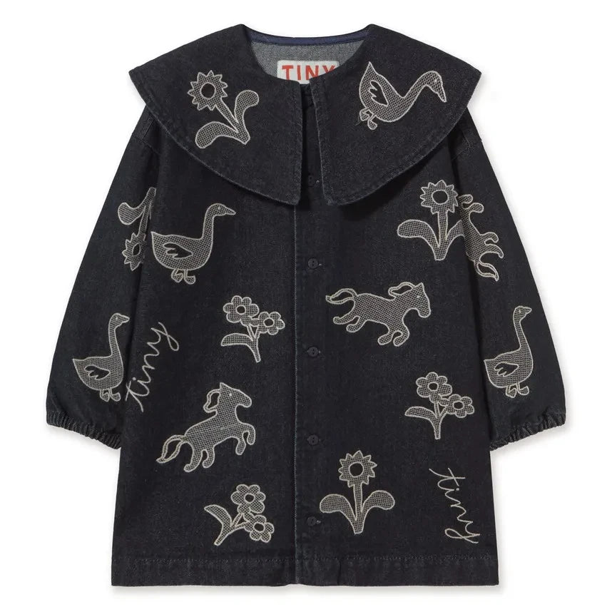 Tinycottons - Denim Dress with Horse and Flower Embroidery | Dark Blue