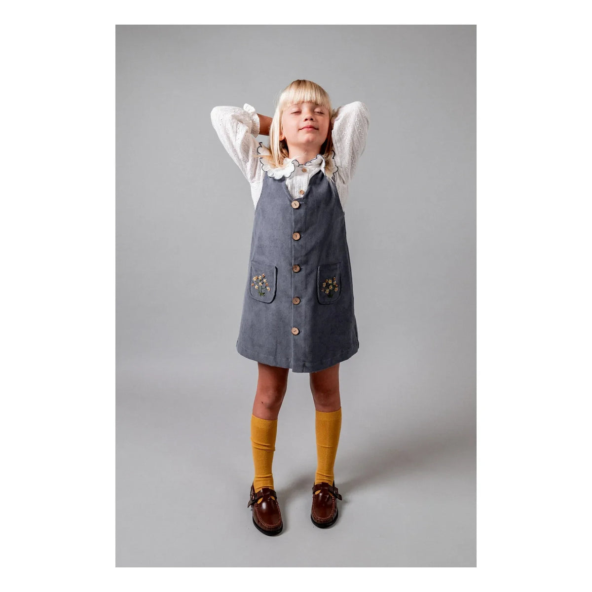 birinit - Pocket Embroidered Organic Cotton Dress | Blue