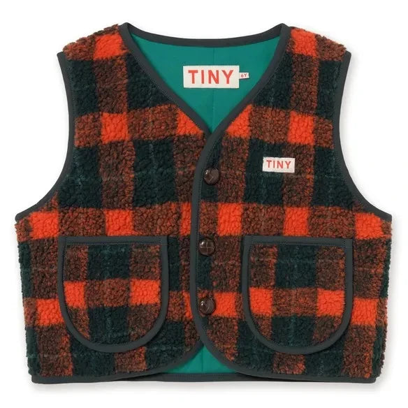Tinycottons - Sherpa Style Sleeveless Checkered Jacket | Red